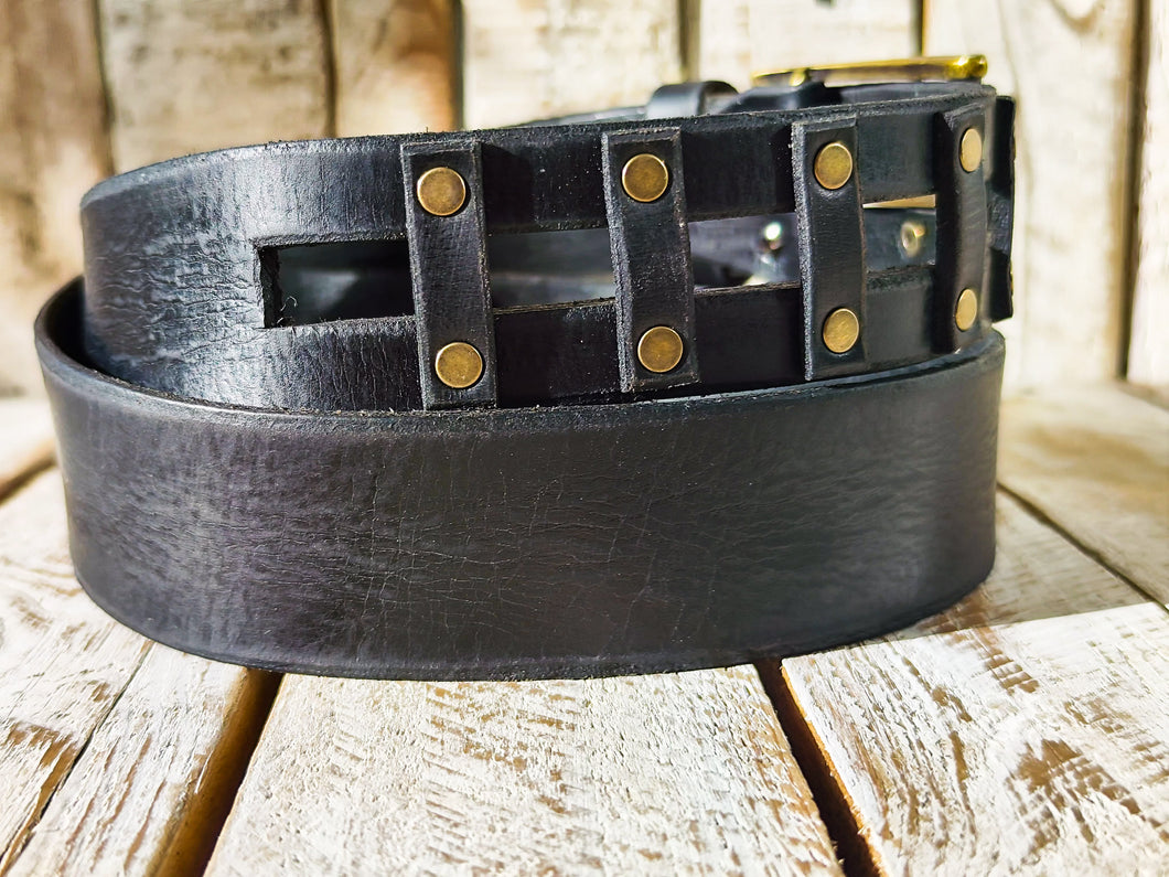 Handmade Black Leather Belt - Mens Jeans Belt - Genuine Leather - Unique Custom Design - X-mas Gift - Rocker Style