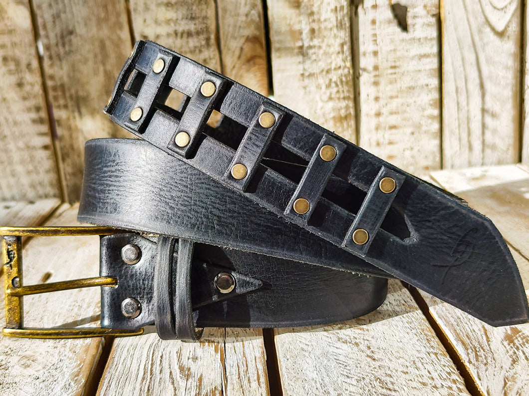 Handmade Black Leather Belt - Mens Jeans Belt - Genuine Leather - Unique Custom Design - X-mas Gift - Rocker Style