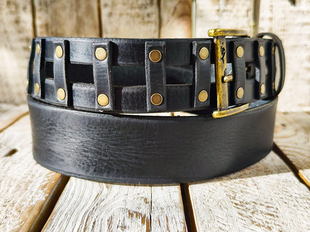 Handmade Black Leather Belt - Mens Jeans Belt - Genuine Leather - Unique Custom Design - X-mas Gift - Rocker Style