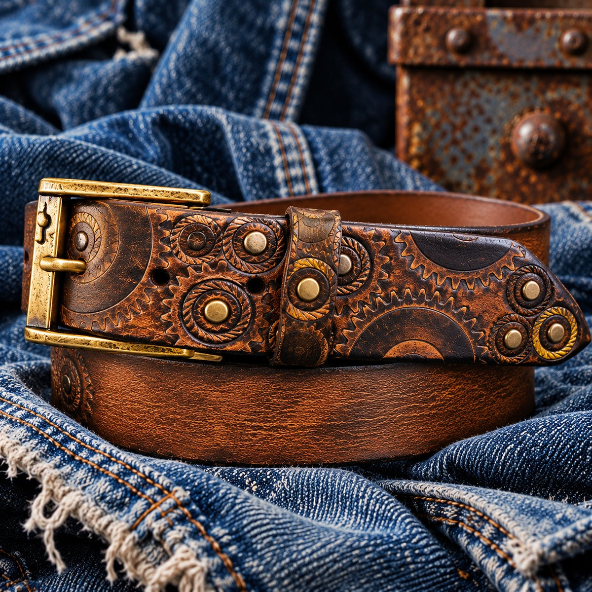 Angled view of the steampunk leather belt showing embossed cogs, brass studs and leather keeper loop