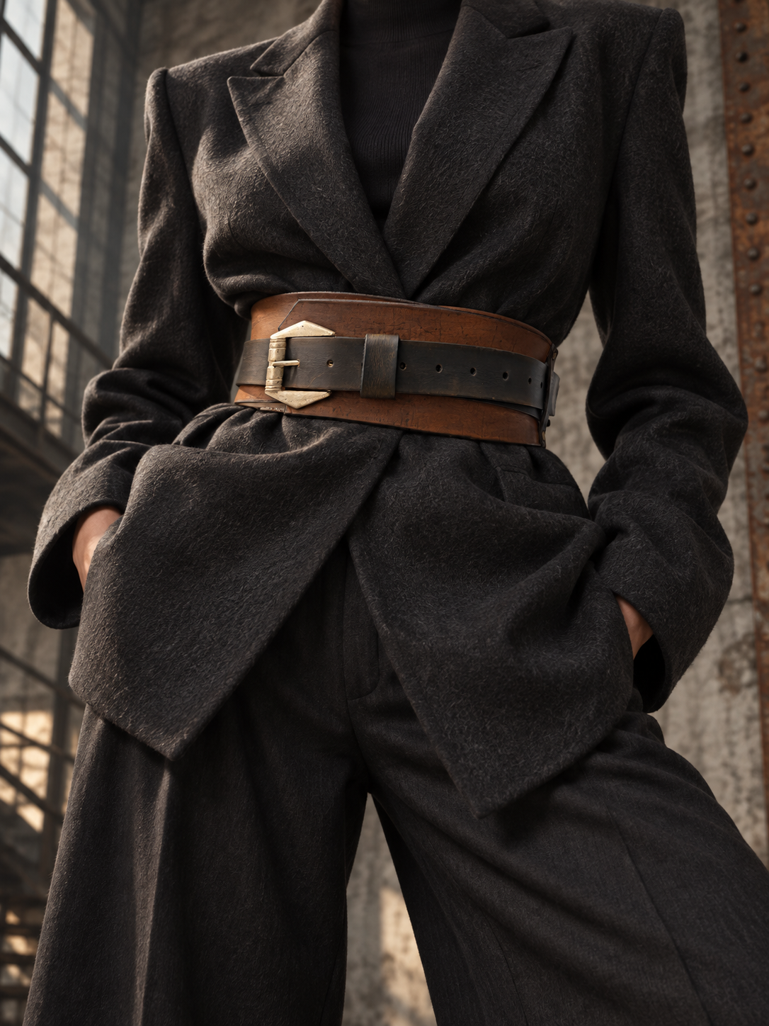 Convertible Brown & Dark Brown Leather Waist Belt with Antique Gold-Tone Buckle