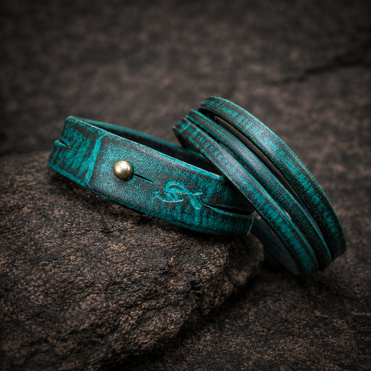 Mens Genuine Leather Cuff Bracelet with Turquoise Accents - Handcrafted Wrap Bracelet