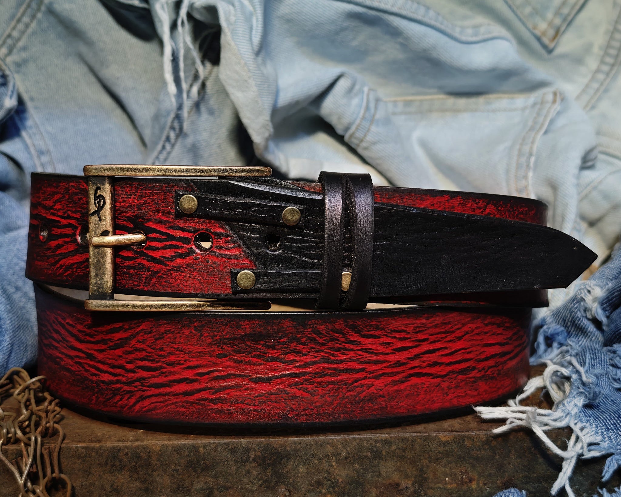 Vintage Red and Black Leather Belt for Men - Artisan Crafted Design