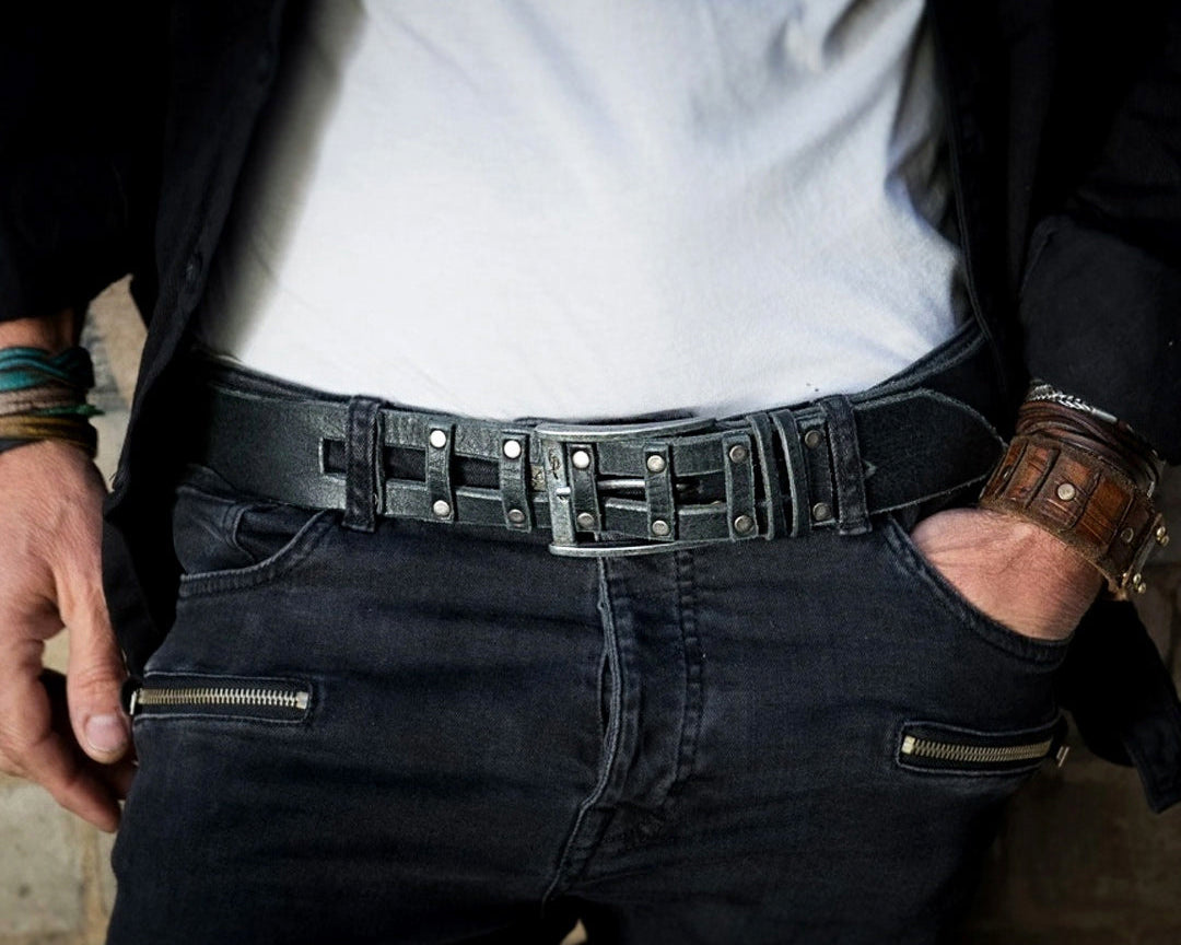 Handmade Black Leather Belt - Mens Jeans Belt - Genuine Leather - Unique Custom Design - X-mas Gift - Rocker Style