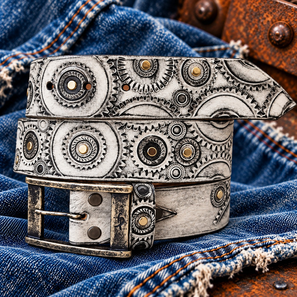 Coiled white biker belt with gear embossing and antique silver ISHAOR buckle