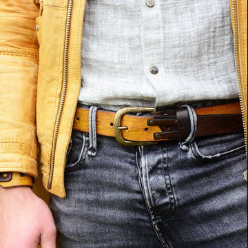 ISHAOR Genuine Handmade Leather Belt – Yellow & Brown | Perfect Gift for Men