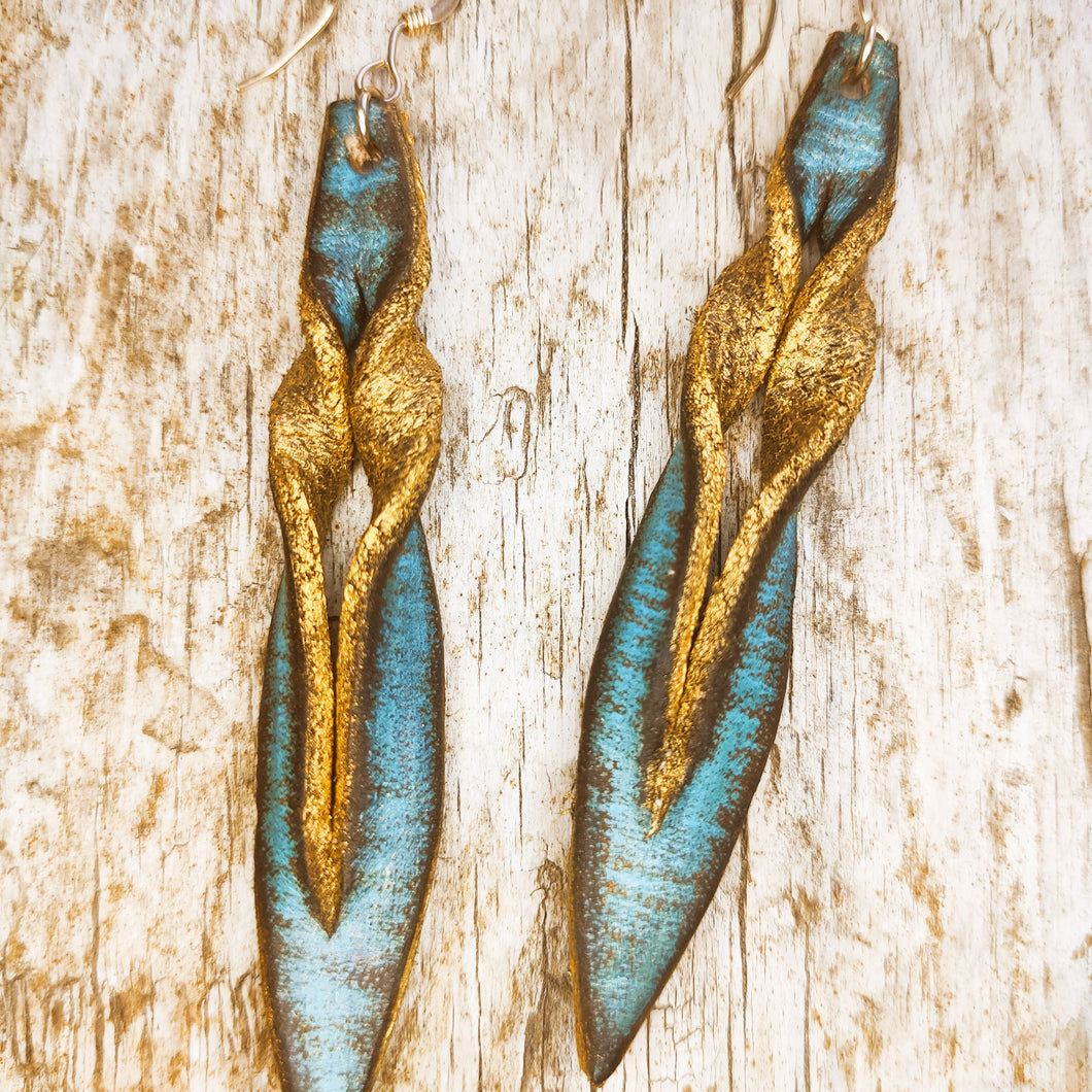 Turquoise Leather Earrings - Handcrafted Boho Statement Jewelry