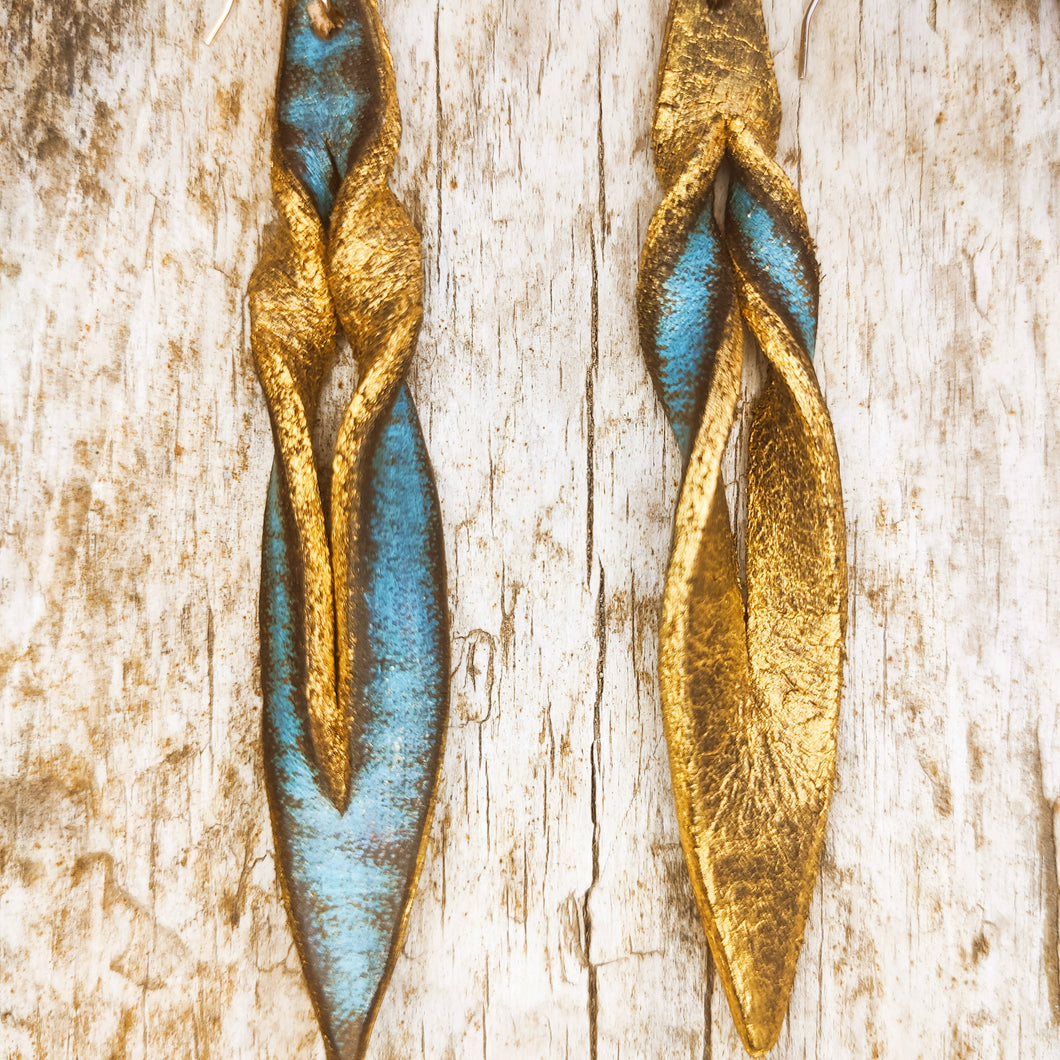 Turquoise Leather Earrings - Handcrafted Boho Statement Jewelry