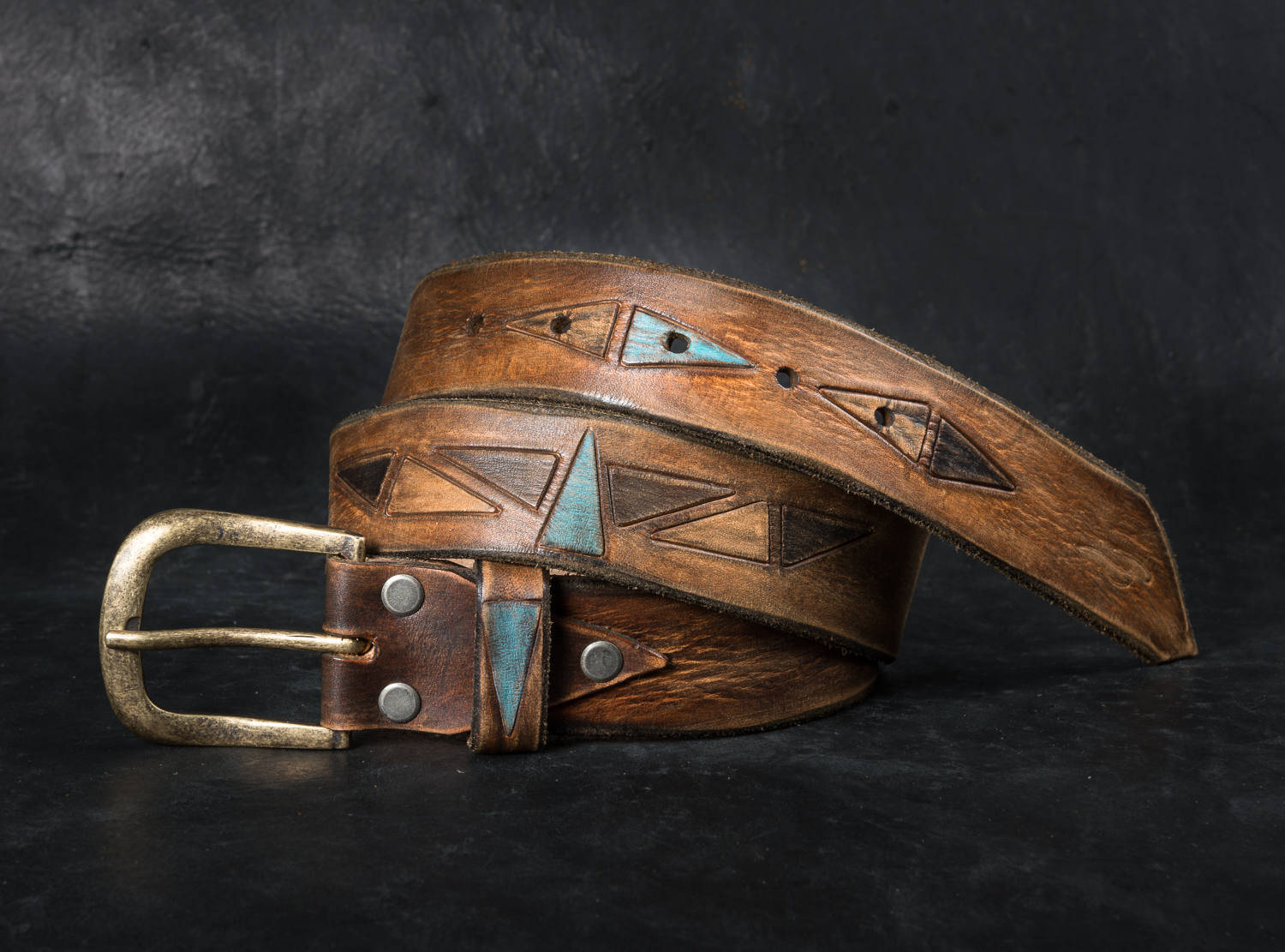 Triangles Belt - Brown with Turquoise & Gold