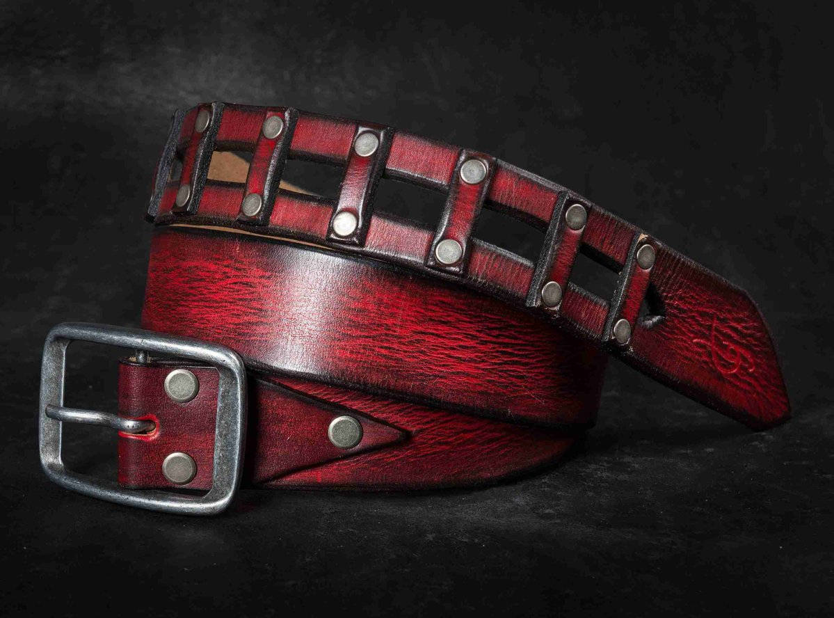 Hand-painted wine red exotic leather western belt with double metal insert  - CV496PH - Cuadra Shop