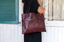Handmade red leather bag with black wash and rivet  belt