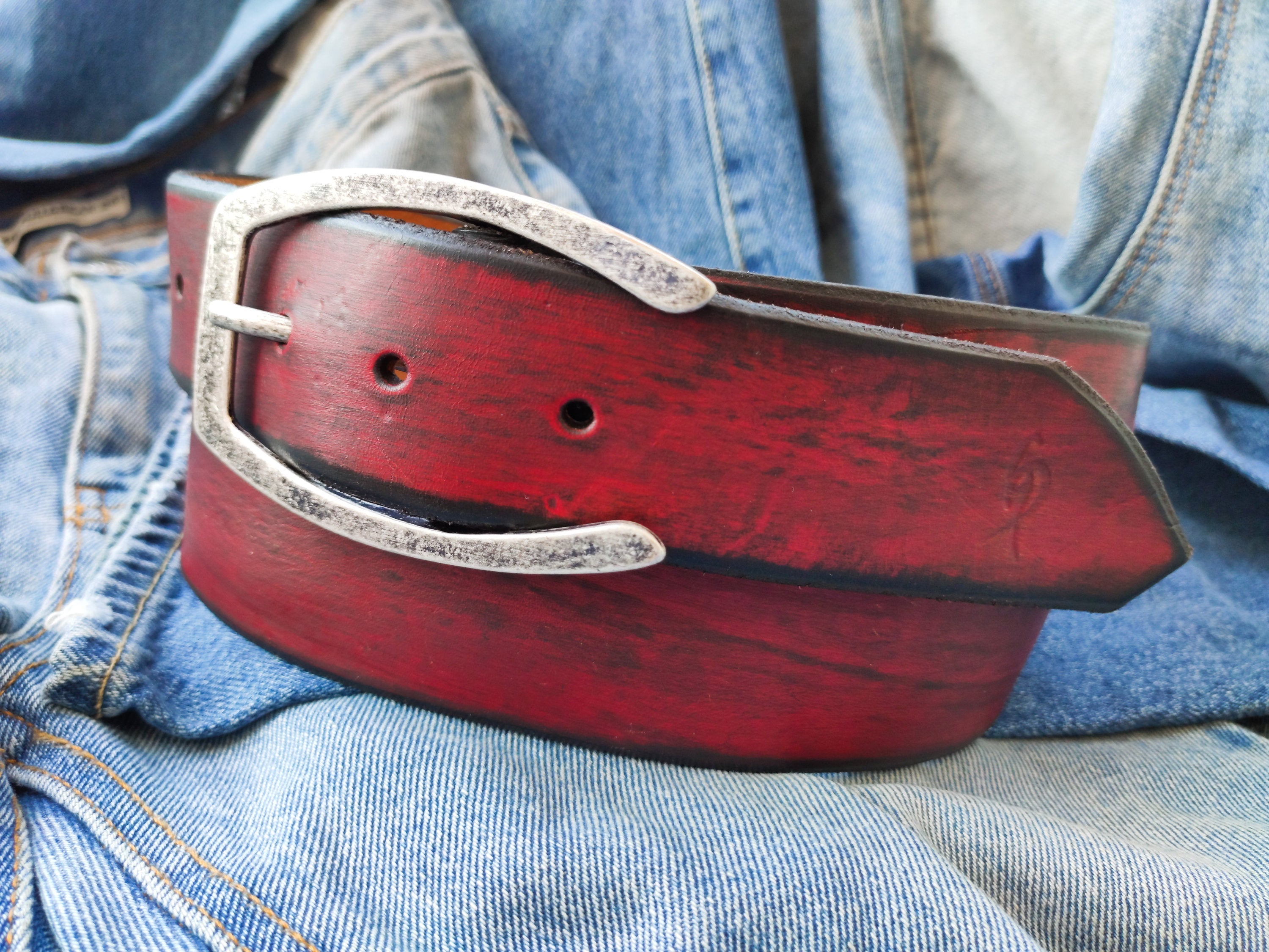 Wide Leather Belt - Red with Dark Wash
