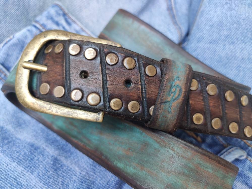 Half Rivet Belt - Turquoise With Brown Wash