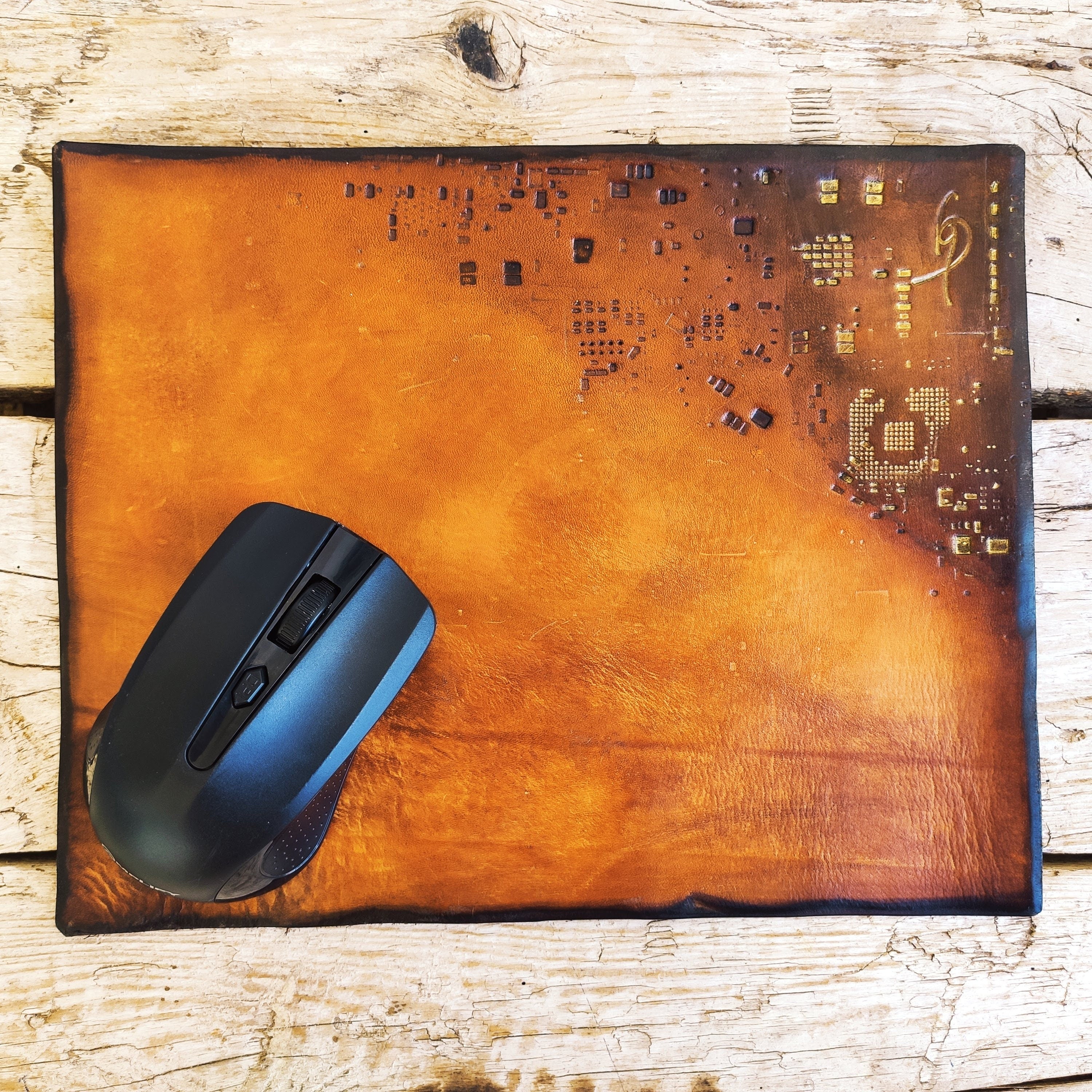 Personalized Leather Mousepad in shades of Brown with gold stamping of Computer parts made by hand, perfect Gift for the Office or for WFH