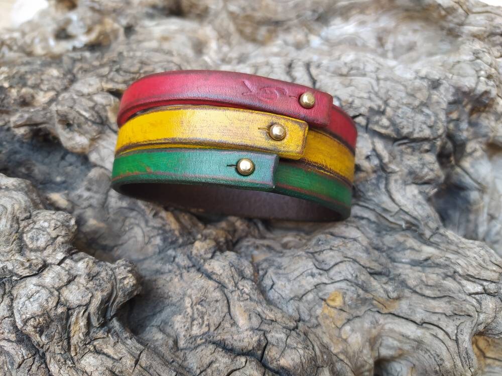 Rasta Leather Bracelet Cuff,Leather Wristband,Rastafarian Cuff,Leather Armband,Red,Yellow,Green Bracelet by Ishaor