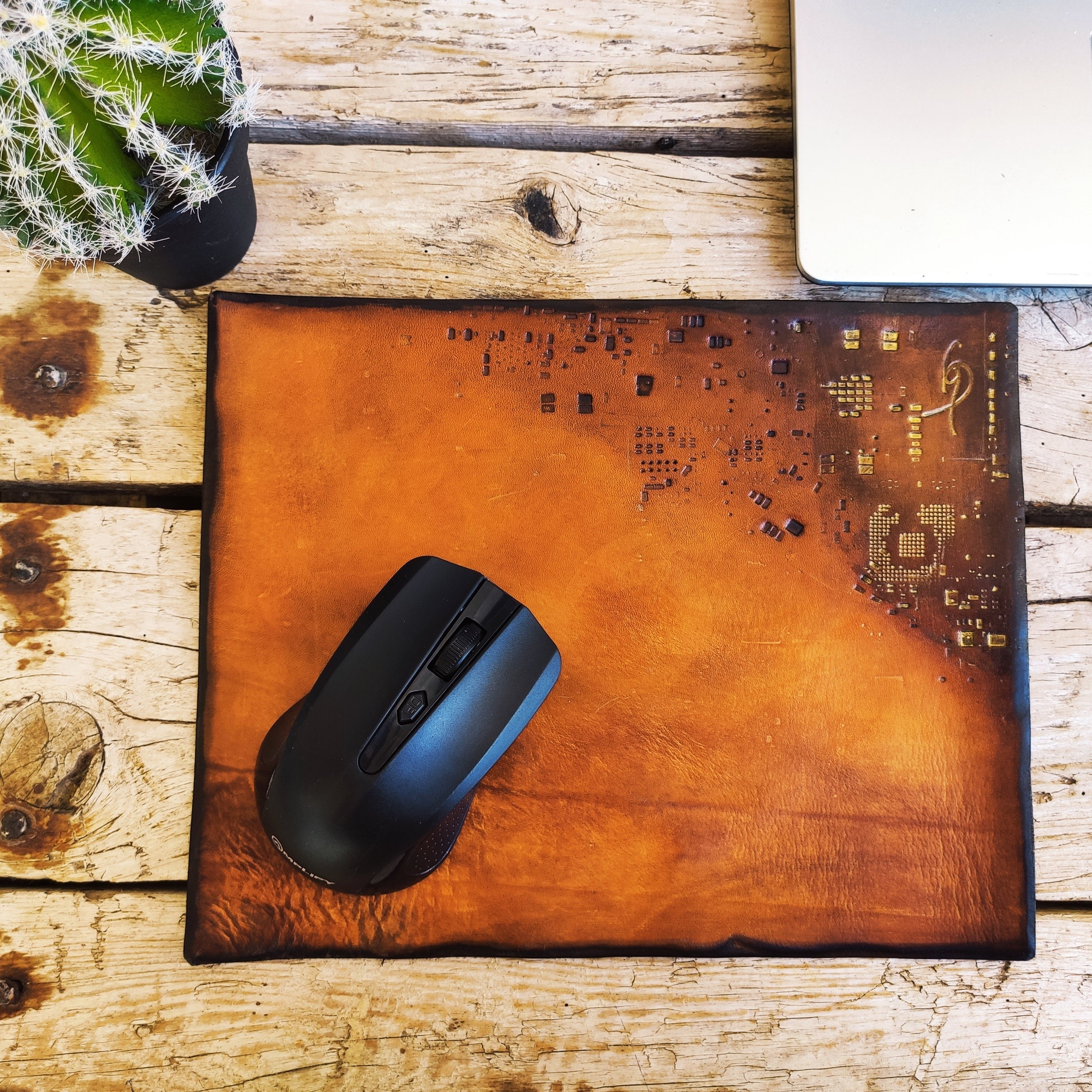 Personalized Leather Mousepad in shades of Brown with gold stamping of Computer parts made by hand, perfect Gift for the Office or for WFH