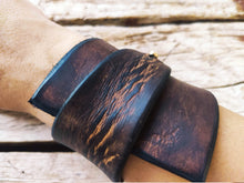 Wide brown leather wrap  bracelet design with unique geomtric shape and option to personalized the bracelet with name