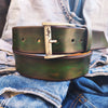 Handmade Green leather belt with brown wash, perfect for people that like speical look the perfect leather belt to wear with jeans .