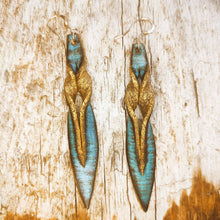 Handmade turquoise leather earing with brown wash and gold, you can wear it in both size, you get two beautiful earings in one.