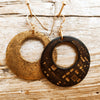 Handmade brown leather round earring with stamps of computer part and gold that you can wear on both sides