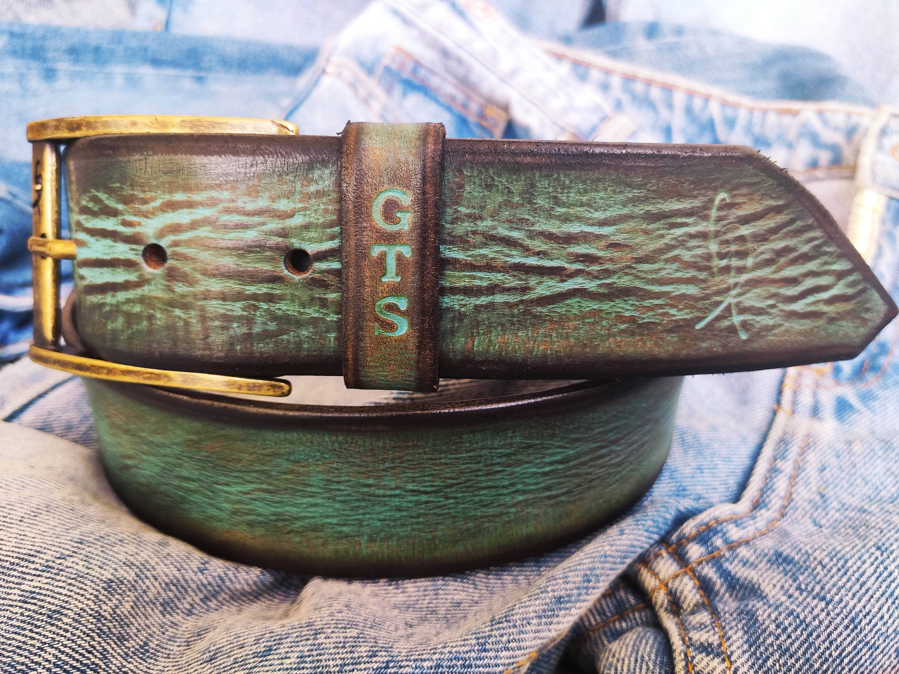 Vintage Leather Belt - Turquoise with brown Wash – ISHAOR