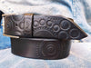 A handmade black leather belt embellished with stamps of motorcycle gear stunting belt for bikers the perfect gift for Motorcycle lovers