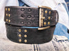 Ishaor Handmade Black leather belt  with stamps of RCA A stunning and original belt with vintage finish from Genuine leather & silver rivets