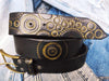 Handmade black leather belt embellished with gold stamps of motorcycle gear stunning belt for bikers the perfect gift for Motorcycle lovers