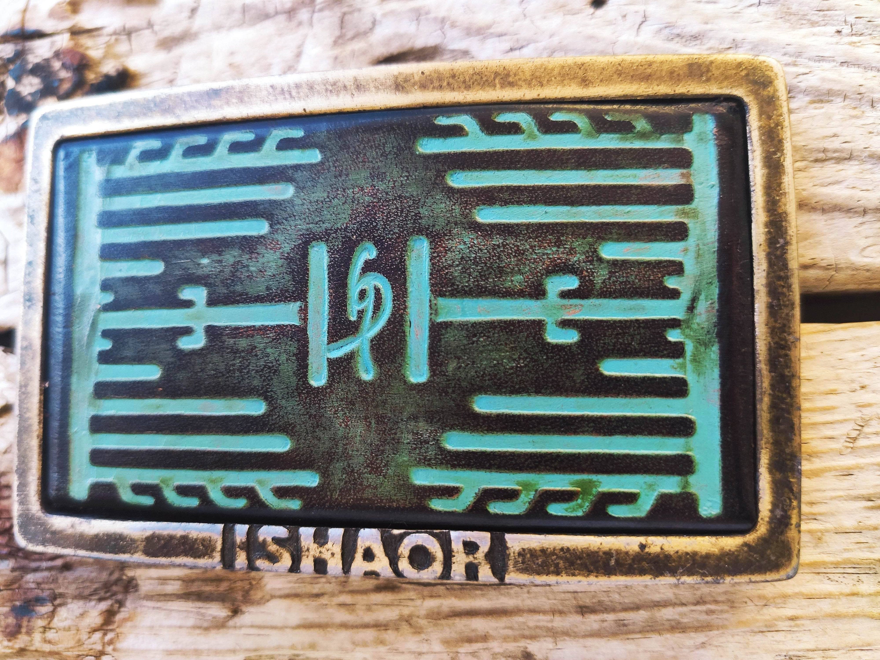 a Ishaor original square buckle with turquoise leather embossing with heat sink cooler & brown wash stunning buckle that upgrade any belt