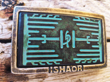 a Ishaor original square buckle with turquoise leather embossing with heat sink cooler & brown wash stunning buckle that upgrade any belt