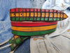 Leather belt designed in African colors, red, yellow and green with a brown wash and belt tail with a crocodile texture