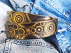 Dark brown men's belt embossed with motorcycle gears, original design stunning gift for bikers with personalized option