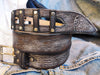 A brown leather belt with gray wash and silver buckle  , unique design made by hand perfect belt that suitable with any color and look