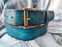 Vintage leather Belt - Turquoise color with Blue and Black Wash