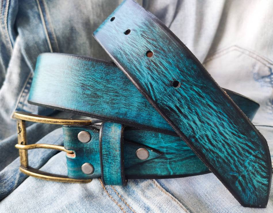 Vintage leather Belt - Turquoise color with Blue and Black Wash