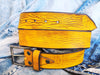 A yellow leather belt with brown wash, the perfect belt color for jeans with option to personalized for a gift with name