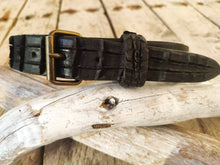 Ishaor Custom Black Leather Dog Collar with buckle and texture of crocodile on the end. Personalized  Leather Dog Collar with Embossed Name