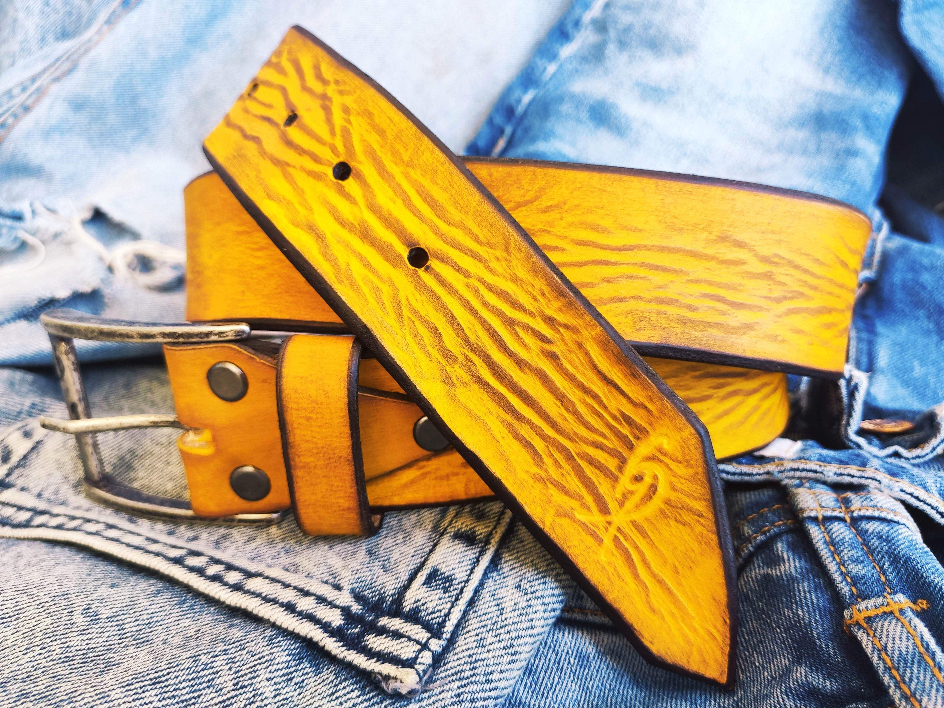 Vintage Leather Belt - Yellow with Brown Wash