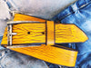A yellow leather belt with brown wash, the perfect belt color for jeans with option to personalized for a gift with name