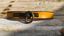 Ishaor Custom Yellow Leather Dog Collar with brown wash and bronze ring and  buckle , personalizes dog collar with name .