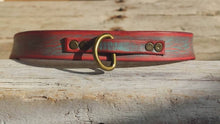 Ishaor Custom Turquoise Leather Dog Collar with red wash and bronze ring and  buckle , personalizes dog collar with name .