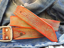 Vintage Leather Belt - Turquoise Color with Orange and Red Wash