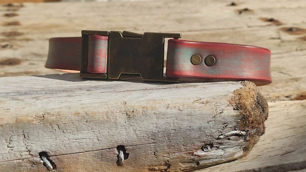 Ishaor Custom Turquoise Leather Dog Collar with red wash and bronze ring and  buckle , personalizes dog collar with name .