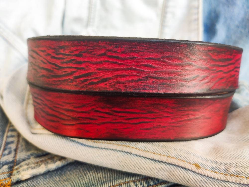 Handmade red leather accessory belt with vintage look the perfect anniversary gift for him or her red belt without buckle stunning belt