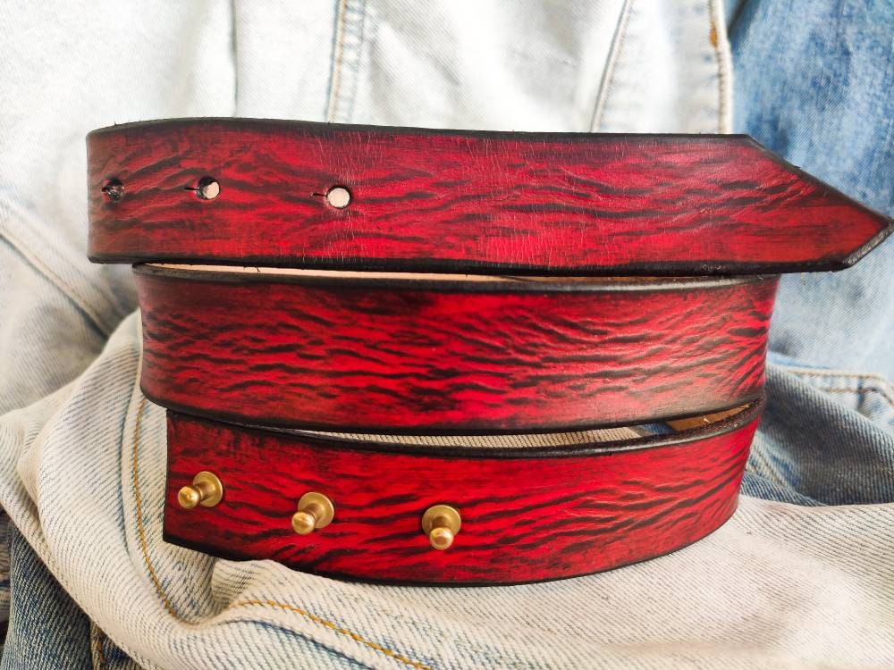Handmade red leather accessory belt with vintage look the perfect anniversary gift for him or her red belt without buckle stunning belt