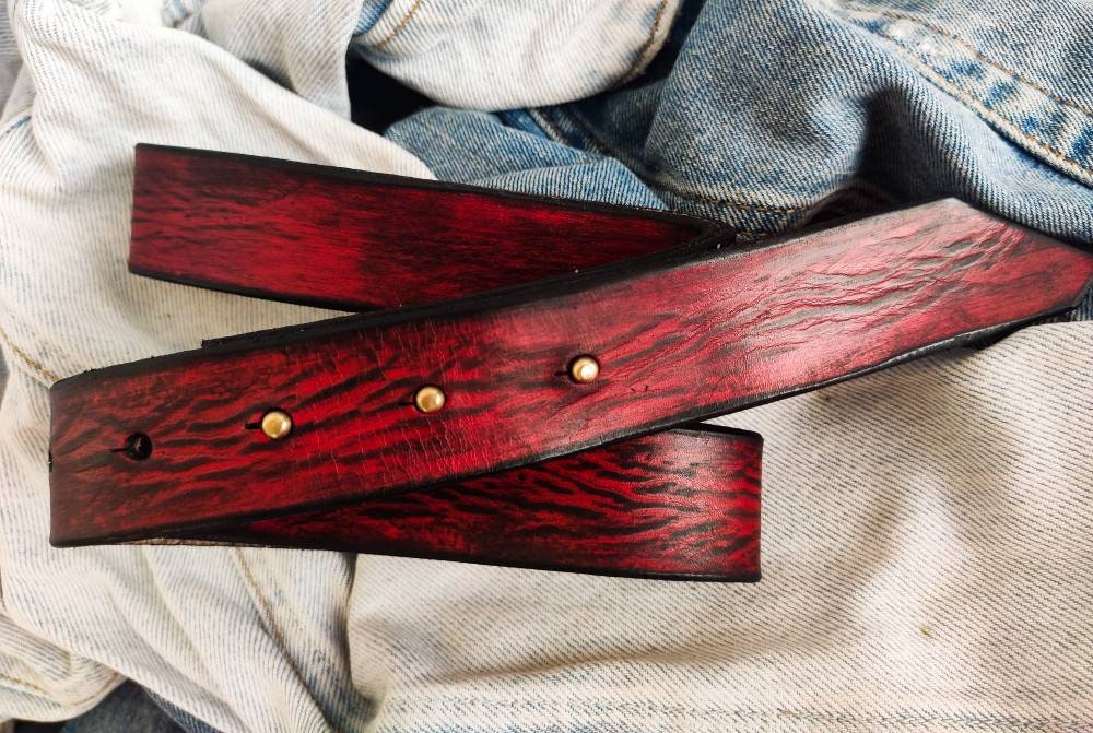Handmade red leather accessory belt with vintage look the perfect anniversary gift for him or her red belt without buckle stunning belt