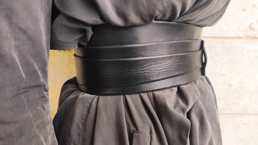 Black leather obi belt for women dress - Wide wrap leather women\'s bel –  ISHAOR