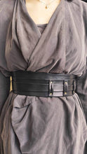 Black leather obi belt for women dress - Wide wrap leather women's belt with black straps and rivets