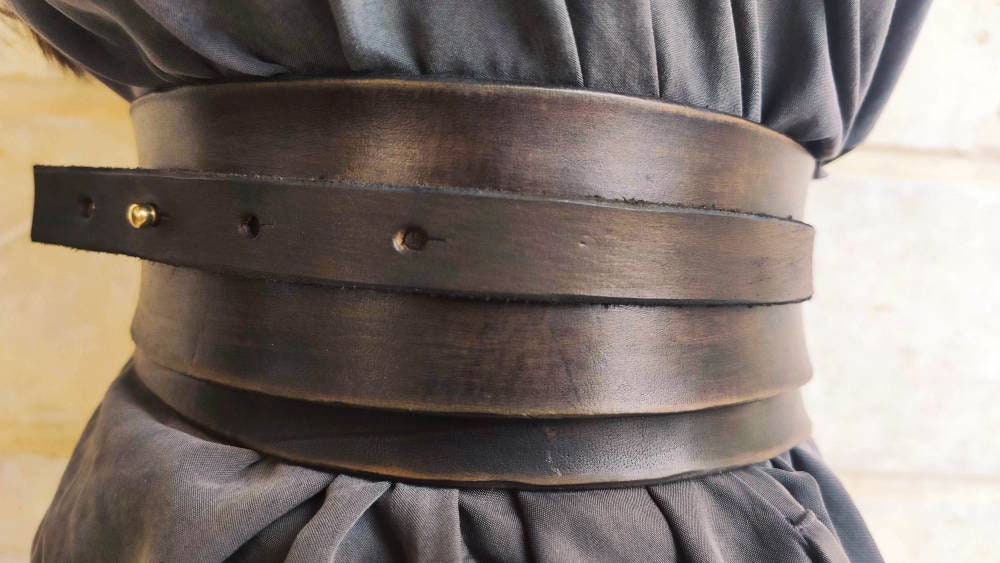 Dark brown leather obi belt for women dress - Wide wrap leather women' –  ISHAOR