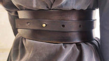 Dark brown leather obi belt for women dress - Wide wrap leather women's belt with brown strap closed with pin.